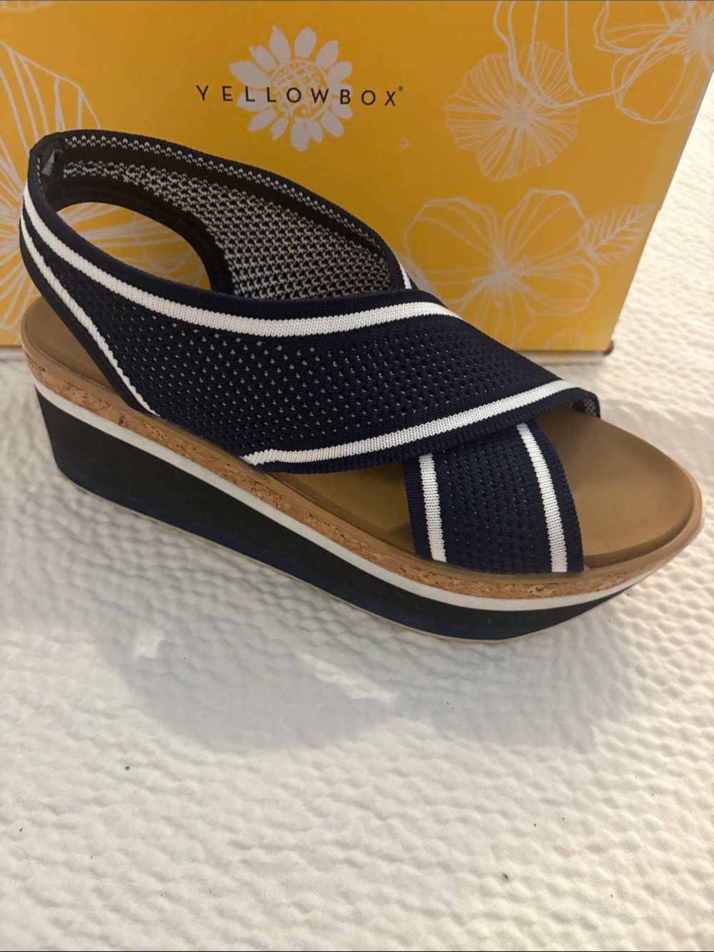 Yellow Box Airlee Navy White Cork Platform Sandals Wedges 7.5